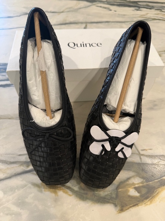 Quince Shoes - Quince Women's Italian Leather Handwoven Square Toe Ballet Flat - Black - Size 8